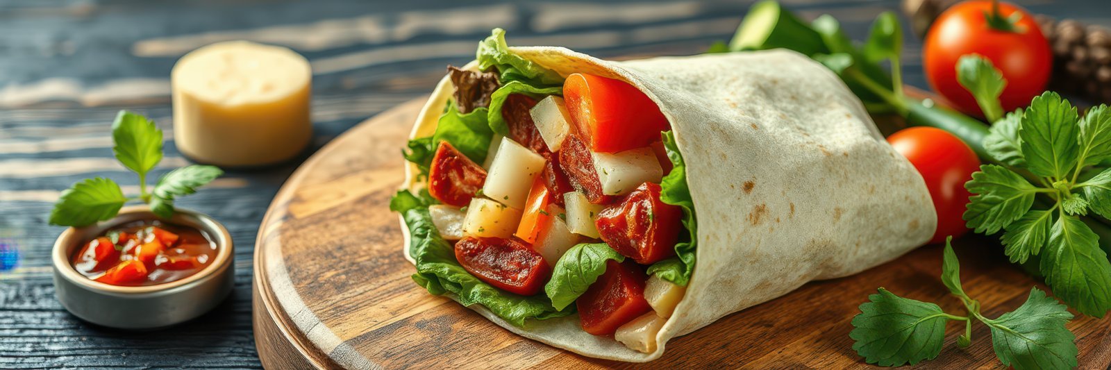 Fresh vegetable wrap on a wooden board with garnishes and sauces during a cozy kitchen setting